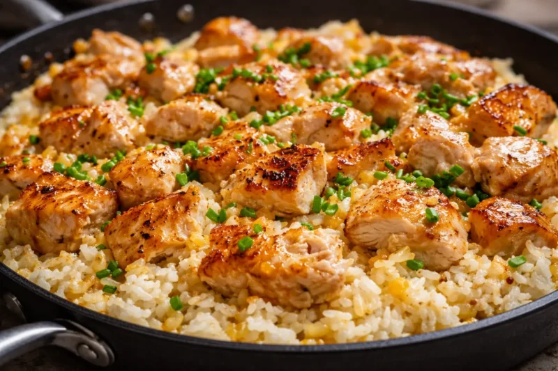 One pot chicken rice dinner in 25 minutes with diced chicken, vegetables, and fluffy rice cooked in a skillet