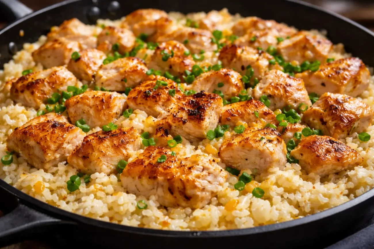 Fast chicken rice dinner recipe with golden seared chicken pieces over fluffy rice cooked in one pan