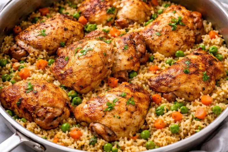 one pan chicken thighs and rice with peas and carrots, golden seared chicken over seasoned rice skillet close-up
