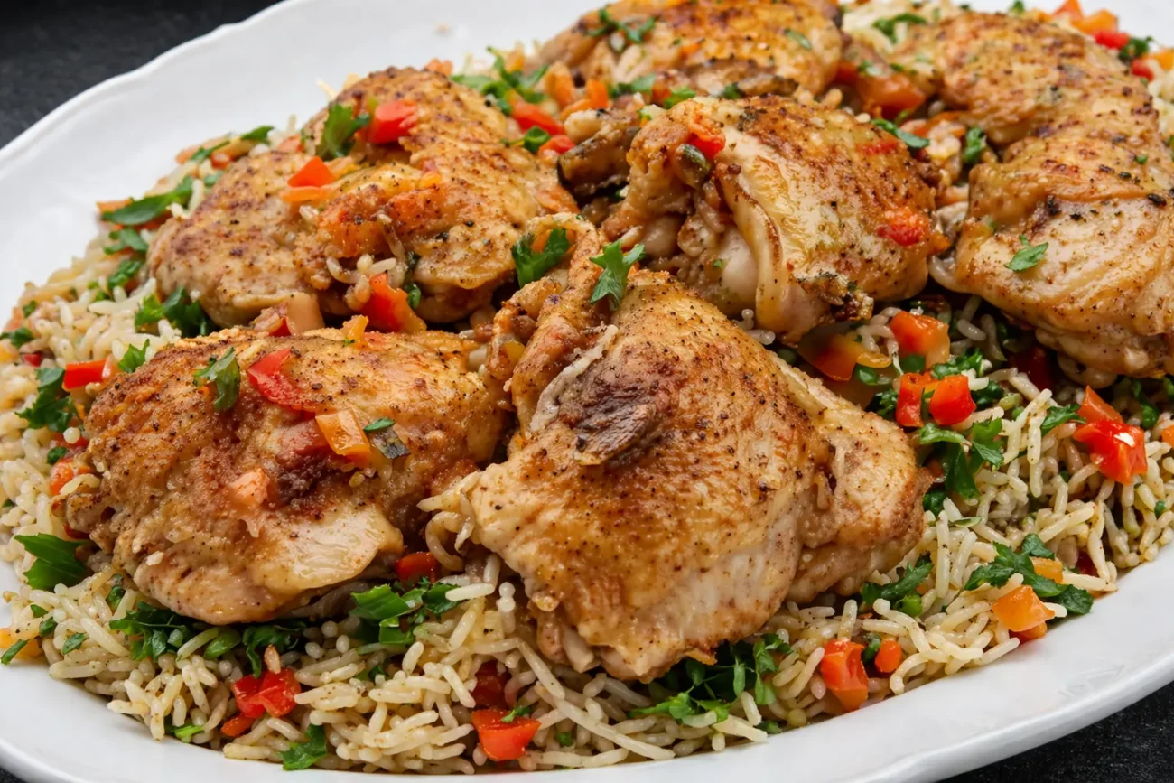 Seasoned chicken thighs over fluffy rice with herbs and diced vegetables on a white platter