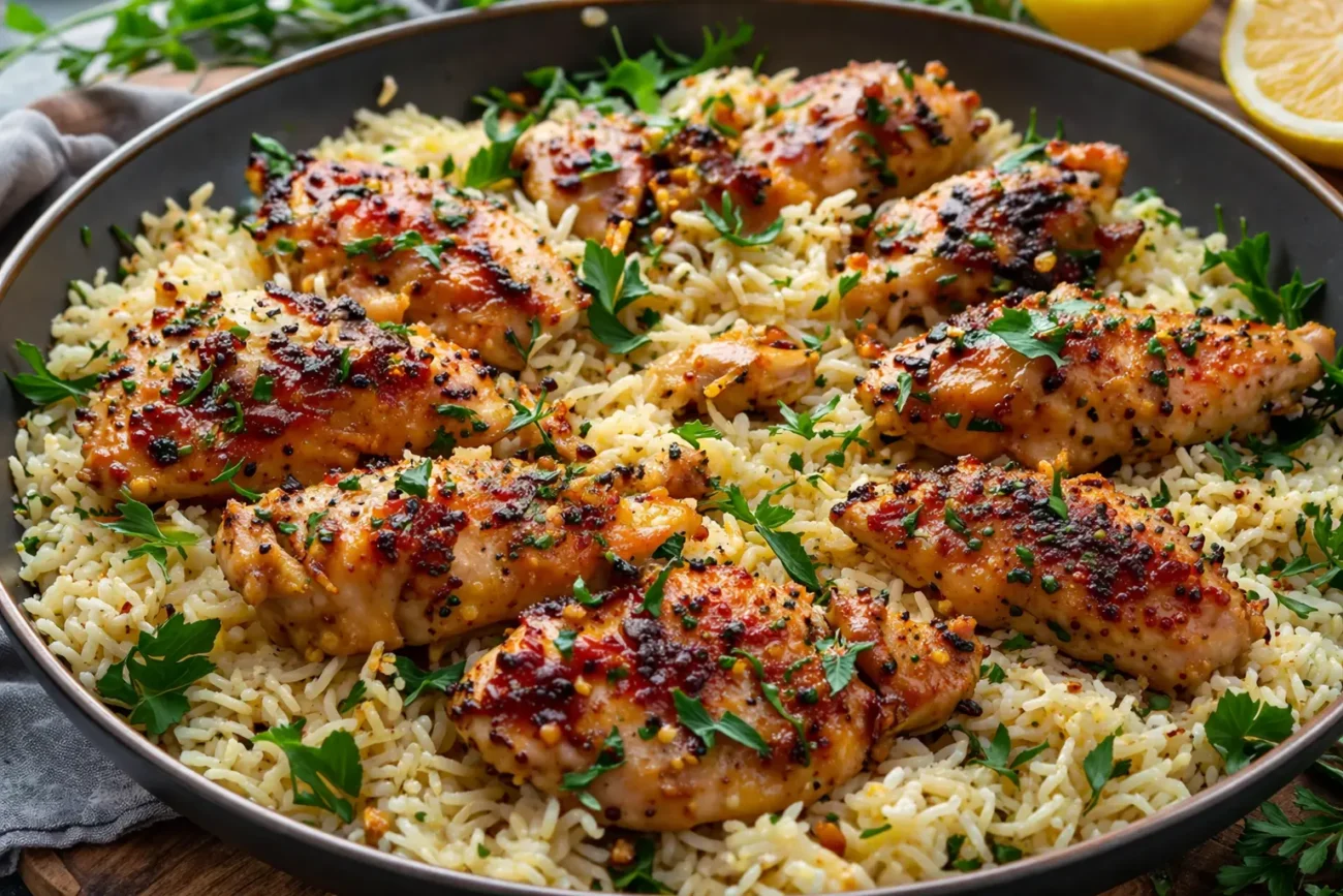 one pan chicken and rice skillet with golden glazed chicken, seasoned rice and fresh herbs close-up