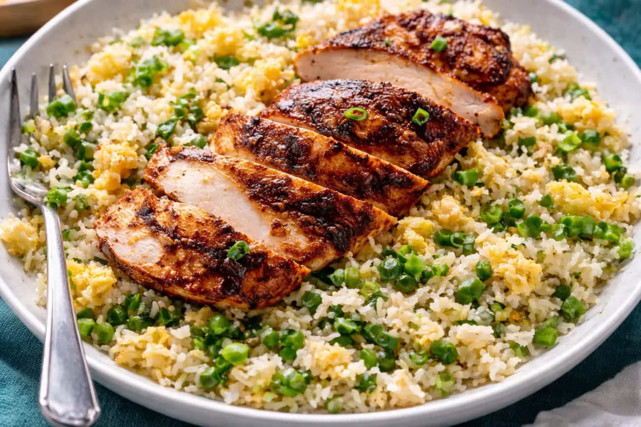 grilled chicken and rice plate with vegetables, seasoned rice and sliced chicken breast close-up