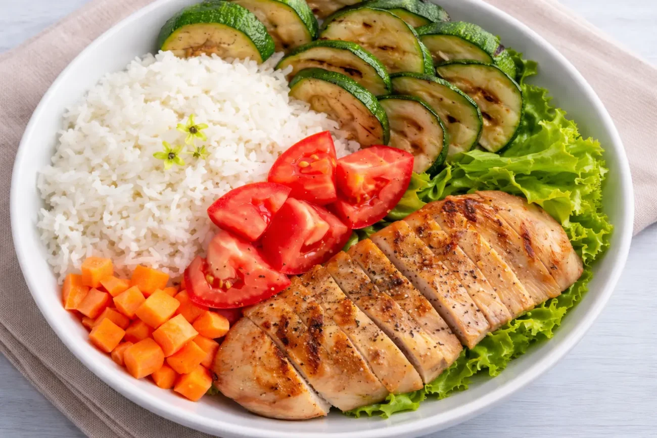 Low fat chicken rice dinner bowl with grilled chicken, white rice, zucchini, tomatoes, and fresh vegetables