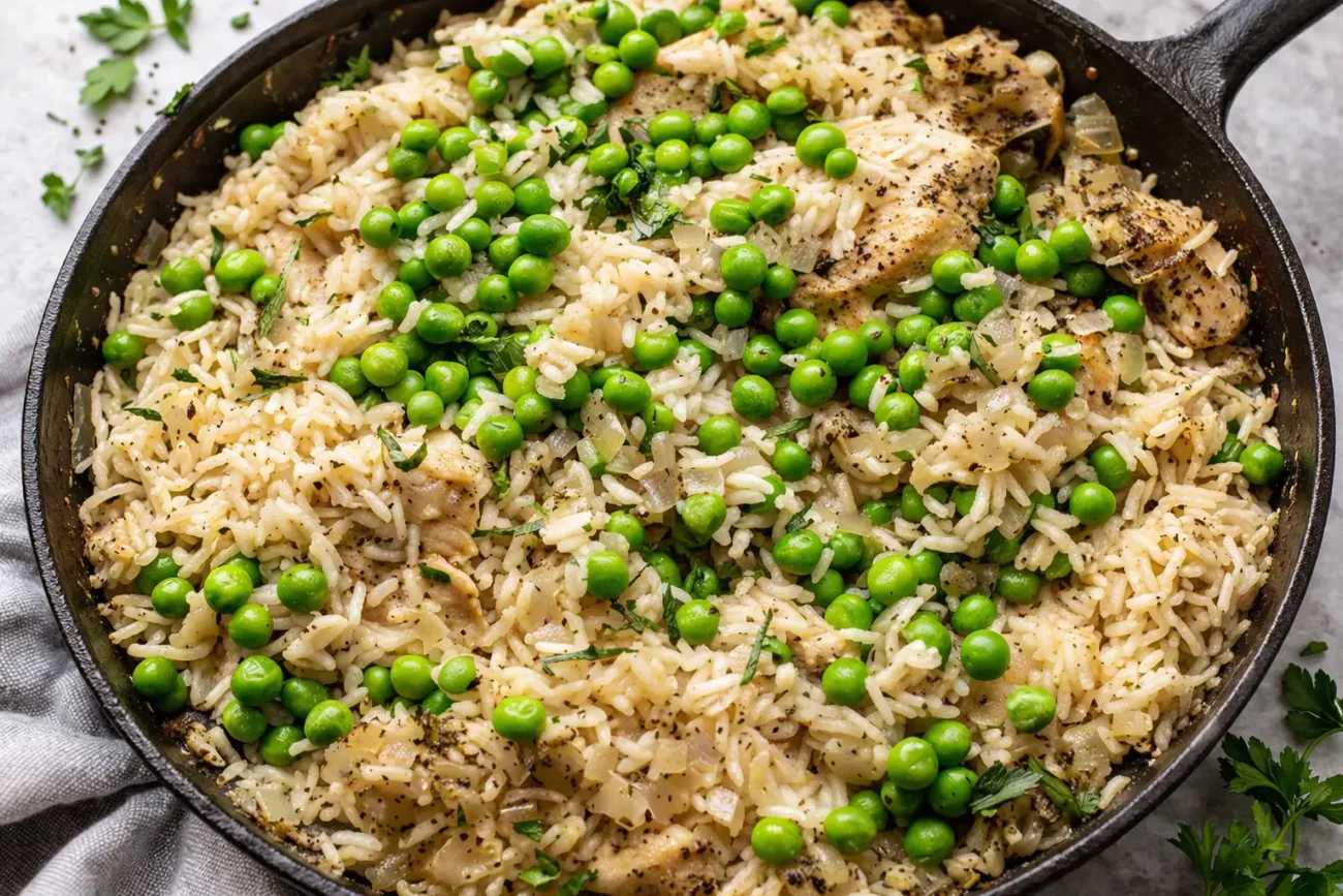 Simple chicken rice dinner with herbs and green peas cooked in one pan with fluffy rice and tender chicken