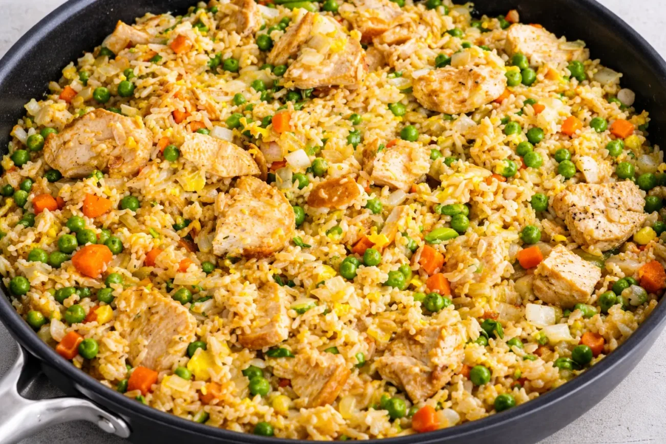 Easy chicken rice dinner for quick meals with diced chicken, vegetables, and fluffy rice cooked in one pan
