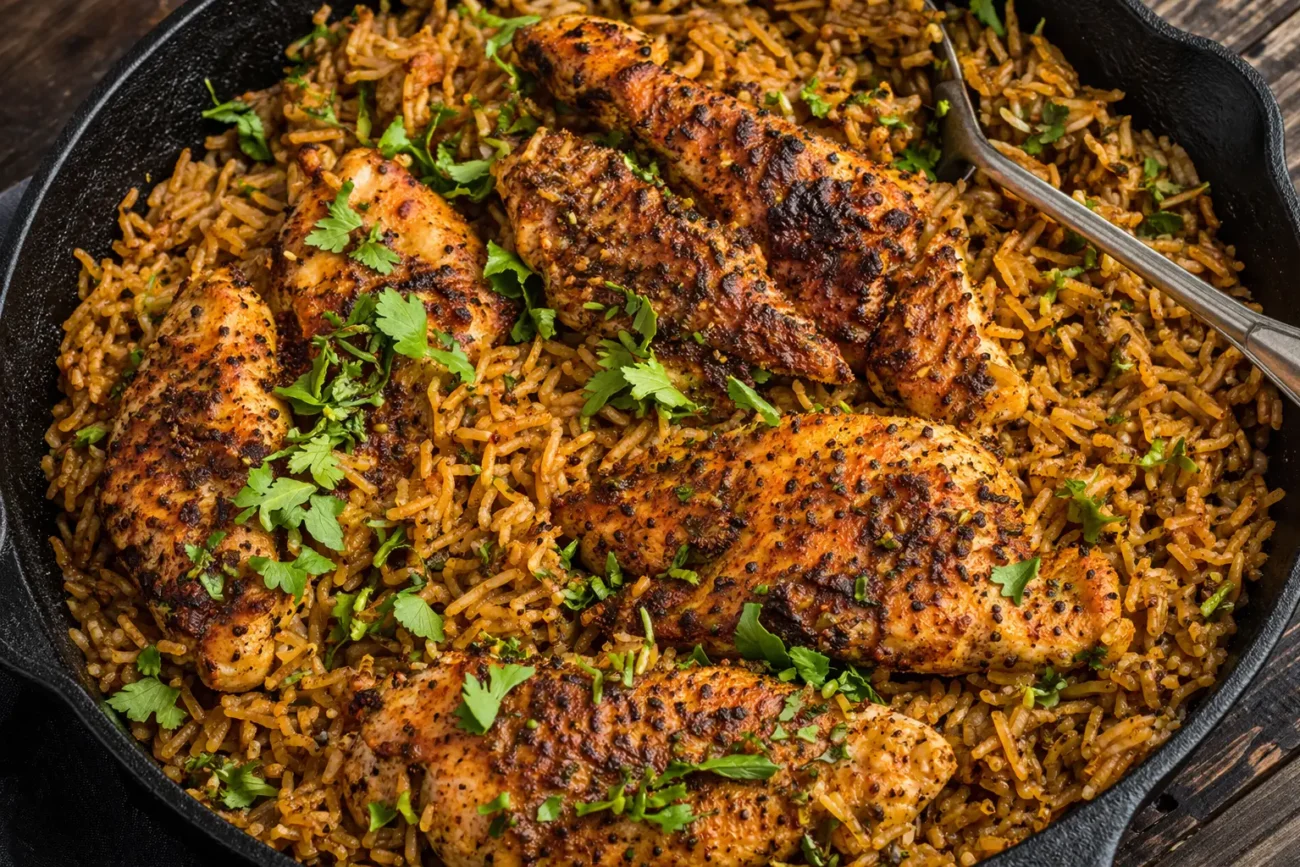 spiced chicken and rice skillet with browned chicken pieces, seasoned rice and herbs in pan close-up
