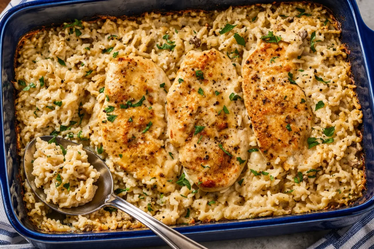 Creamy chicken rice casserole bake with golden chicken breasts over rich seasoned rice in a baking dish