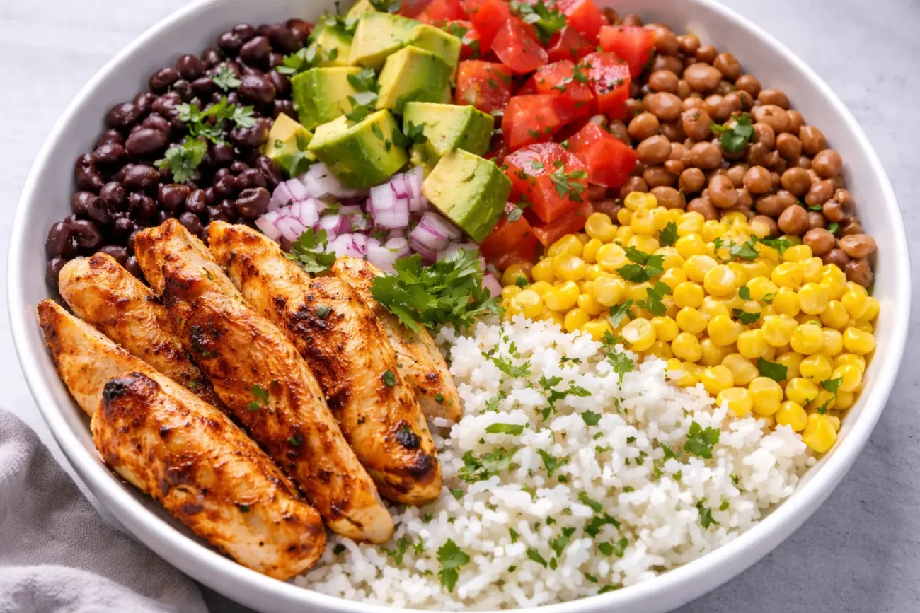 healthy chicken rice bowl with grilled chicken, black beans, corn, avocado, tomatoes and cilantro in white bowl close-up